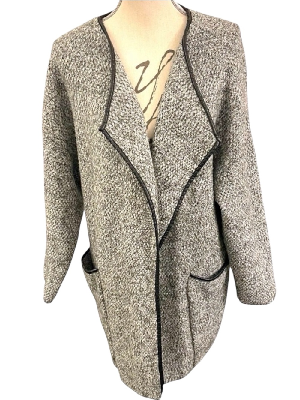 ASTR Salt & Pepper Grey Black Piping Open Front Pockets Cardigan Jacket (S)